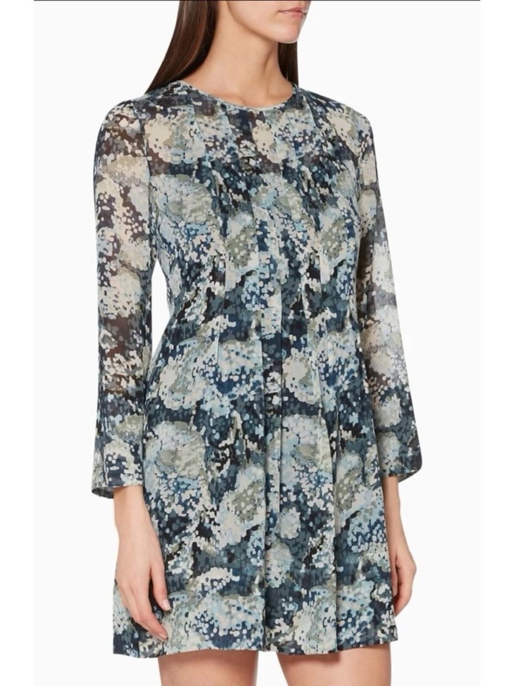 Club Monaco 100% silk blue abstract floral pleated flounce delaynee dress